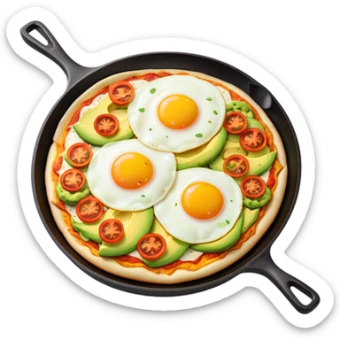 A breakfast skillet with melted cheese, pizza toppings, sliced avocado, and a fried egg on top sticker