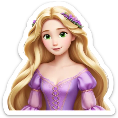 Cinematic Realistic Rapunzel Portrait, with porcelain-like skin featuring a subtle, natural glow, illuminated by soft lighting that brings out the gentle contours of her face. Her long, golden blonde hair cascades in detailed waves, each strand highlighted with a radiant shimmer as it catches the light. She playfully holds a flower in one hand, her other hand resting casually in her lap, with a warm and spirited expression. Her bright, expressive green eyes exude curiosity and warmth, framed by delicate lashes and soft, arched brows. She is dressed in her classic lavender and pink gown, the fabric textured with delicate folds that flow naturally, catching the light with a soft, radiant glow. The portrait captures a luminous, enchanting aura, seamlessly blending realism with a whimsical, fairytale charm, evoking a timeless sense of beauty and magic. sticker