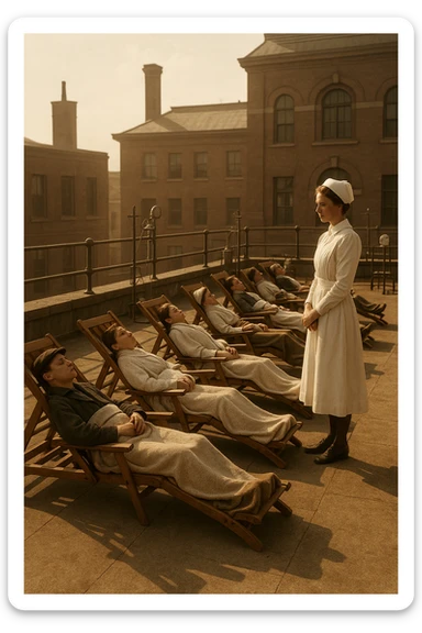 A realistic cinematic image of a hospital rooftop solarium from the 1900s, patients sunbathing under nurse supervision for heliotherapy against tuberculosis and rickets.” sticker