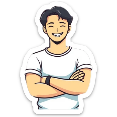 Man crossing arms around his neck laughing sticker