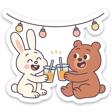 bunny and bear clinking juice cups under string lights, soft pastel colors, calArts 2010s cartoon style sticker