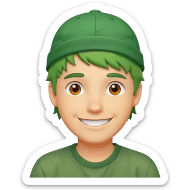 white guy with big smile, short messy green hair, orange backwards cap, street style sticker
