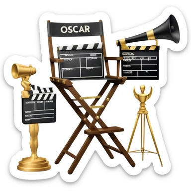 Icon for Directing: professional collage with director's chair, a film slate, a megaphone and an Oscar statuette. The icon should represent the creative and leadership aspects of directing, with focus on film and theater production. Transparent background. sticker