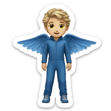 Little Kid dark blond hair  blue  full body jumpsuit flying sticker