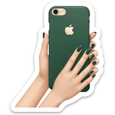 female hand with nude manicure (5 fingers) holding an iPhone in a dark green case, extremely concise, minimalist sticker