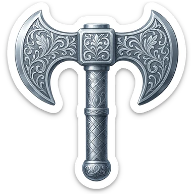 Engrave this steel battleaxe with elegant silver engravings, keep it crisp, shiny, and slightly fancier than iron, realistic metallic steel, emoji style. Transparent background. sticker