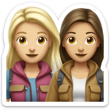 Two girls backpacking brunette and blonde hair both white sticker