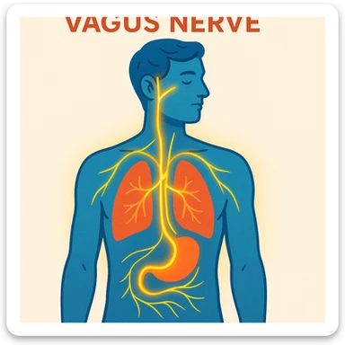 vagus nerve highlighted on human body, modern illustrative style, vivid colors, vagus nerve path highlighted with glow effect, simplified anatomical details, light background sticker