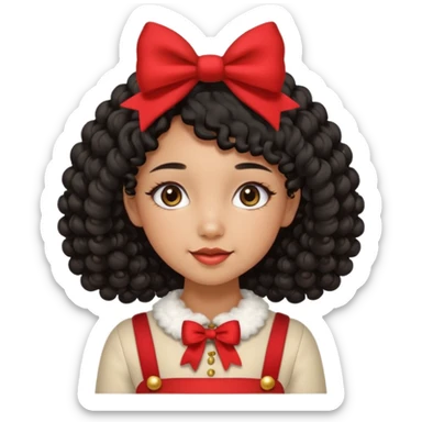 cute girl tan skin, curly black hair chin length, middle part, long eyelashes, cute cheeks, 5'2, outfit croquette style with bows and christmas theme sticker