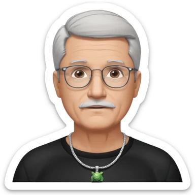 Tony Barceló is a large, strong, lively man in his 70s with short, neatly combed gray hair and a trimmed goatee. broad round face, square glasses, and a confident presence. a black outfit with a silver turtle necklace, reflecting his thoughtful, creative energy as a writer. a stubble  sticker
