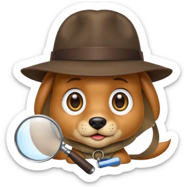 dog emoji with floppy ears, detective hat, magnifying glass, big eyes, simple shading, apple emoji style sticker