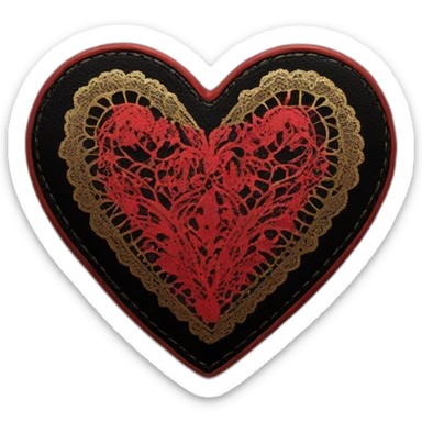 red lace on black leather heart with gold border sticker