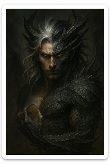 half human, half dragon, silver and black hair, fierce expression, fantasy style, detailed sticker