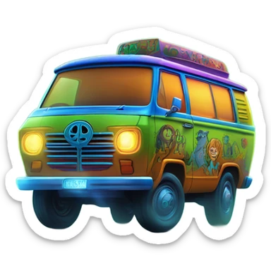 A vibrant semi-realistic depiction of the Scooby-Doo Mystery Machine van speeding through a misty, spooky forest under the moonlight, with glowing headlights and playful psychedelic patterns. sticker