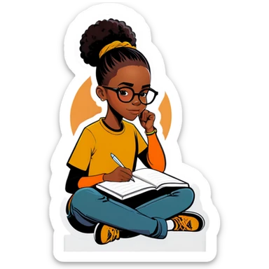 Black girl with glasses and a long shaved sides haircut writing in a journal sticker