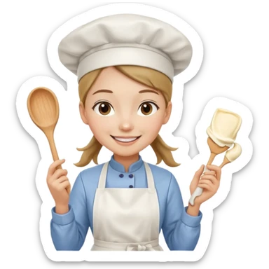 Young female pastry chef - ponytail, apron, wearing a white hat, holding a cream piping bag sticker