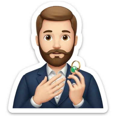 Man with beard holding engagement ring sticker