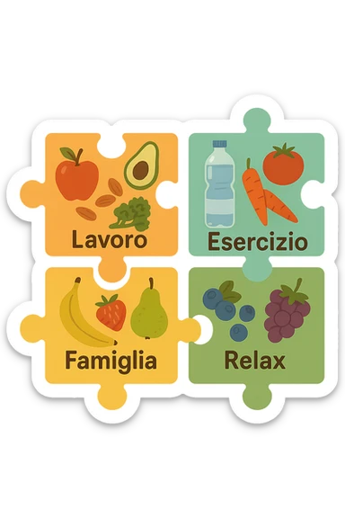 Puzzle (Lavoro, Esercizio, Famiglia, Relax), and healthy foods are integrated into each piece. in italiano sticker