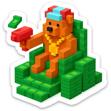Russian grizzly bear with a rapper chain and a money gun, sitting on a throne of cash sticker