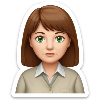 60 yr old woman, green eyes, long straight hair, business shirt, chubby, bangs sticker