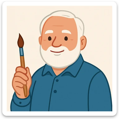 man with a round face, white hair and beard, wearing a blue collared shirt, holding a paint brush, clean modern illustration style sticker