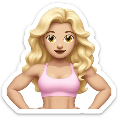 Woman, white skin, light skin, long hair, blonde hair, wavy hair, baby pink sports bra, baby pink leggings, flexing one arm sticker