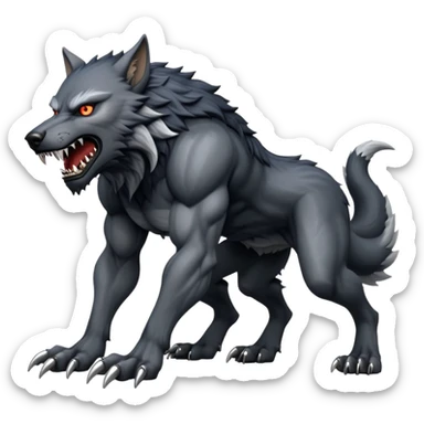 cinematic-noble-fierce-werewolf-full body on all fours-emoji, poised-and-imposing, with a tall, lean, and muscular wolfish frame inspired by the brutal, imposing shape of the beast from Berserk, fur rippling in shades of midnight black and silver, massive paws with razor-sharp claws, elongated limbs and fangs, eyes glowing with an intense, primal ferocity, reflecting the untamed power of the wild moonlit night; rendered with realism like a wolf sticker