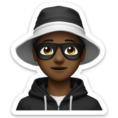 a 15 year old boy wearing a black tub hat black sunglasss black mouth mask white hoodie an black cargo pants sticker