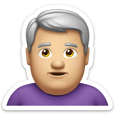 obese man, receding grey hair, purple t shirt sticker