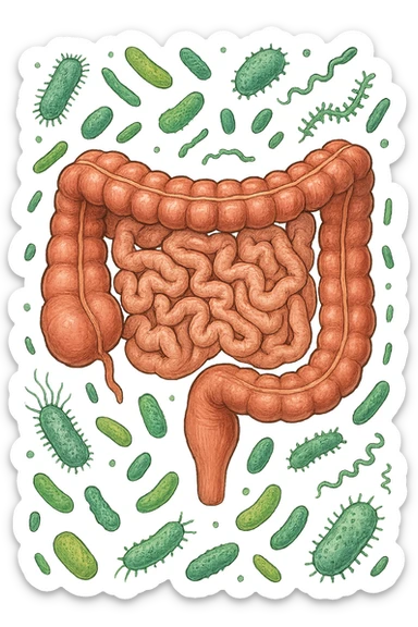 intestino umano anatomico con qualche batterio intestinale che gli fluttua intorno, ISOLATO SU SFONDO BIANCO sticker