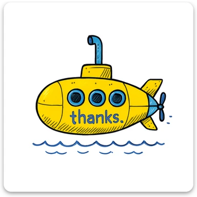 Add bright yellow and blue color to the classic submarine, keep the 'thanks' text, in a doodle style similar to hand drawn notion style doodles. sticker