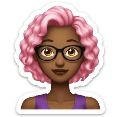 Mulher de pele parda com cabelo médio preto sobrancelhas grossas, olhos brilhantes, óculos, boca rosada, olhos castanhos, duas covinhas, blusa de gola alta preta   sticker