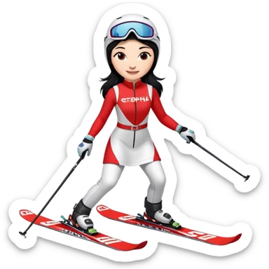 Ski racer woman, red white dress, with the name STEPHANIE on the dress, the name HEAD on the skis, black hair, smile sticker