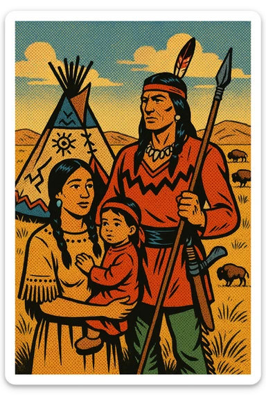 A native American family including a mother and young child, with a father who is a warrior. They are standing near a tepee decorated in native american symbols, there are buffalo in the distance. They are on the dry grasslands of the great plains in the 1840s sticker