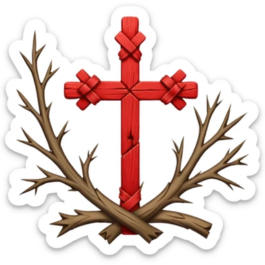 Consiste en una cruz de San Andrés ( X 𝑋 ) de color rojo, con contornos irregulares que representan los nudos de las ramas cortadas (a menudo representados como troncos "al natural" o nudosos). sticker