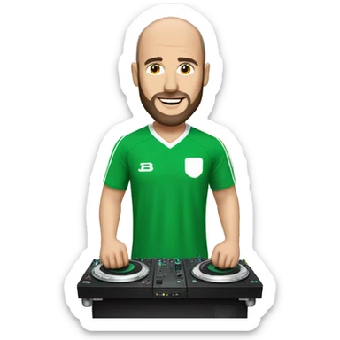 Balding guy with beard, wearing a green and white football kit, DJing sticker