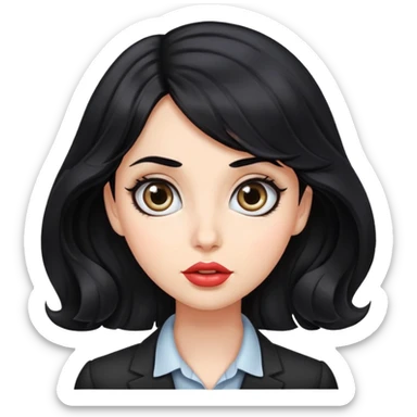 more realistic girl office, wavy lack hair, big eyes, big lips sticker