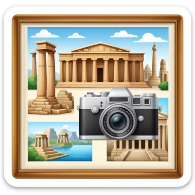 Icon for Historical and Cultural Tourism: iconic landmarks like ancient ruins, a museum and a historical monument, with a travel guidebook and camera. The icon should capture the exploration of history and culture. Transparent background. sticker
