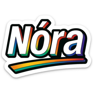 The name 'Nóra' in modern, precise Hungarian letters with a rainbow gradient fill, extra thick white letter border, dark contour, transparent background, dynamic slanted underline, in the style of the reference samples. sticker