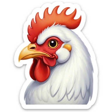 Cinematic Noble White Rooster Portrait Emoji, Poised and regal, with a robust, commanding build and a pristine, well-groomed pure white plumage, deep-set soulful piercing eyes, Simplified yet sharp and sophisticated features, highly detailed, glowing with a soft, dignified glow, high shine, intelligent and proud, stylized with an air of barnyard majesty, focused and attentive, soft glowing outline, capturing the essence of a watchful and confident leader, so majestic it feels as though it could crow out of the screen with effortless authority! sticker