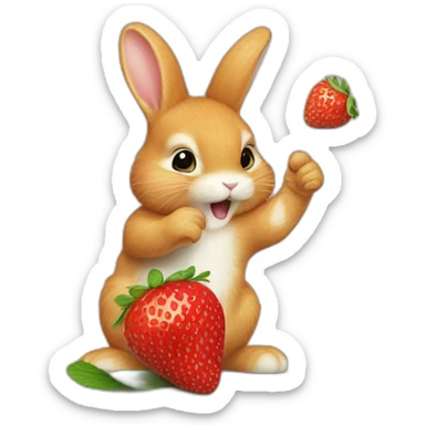 A little ginger bunny reaching up to eat a strawberry off a small teee sticker