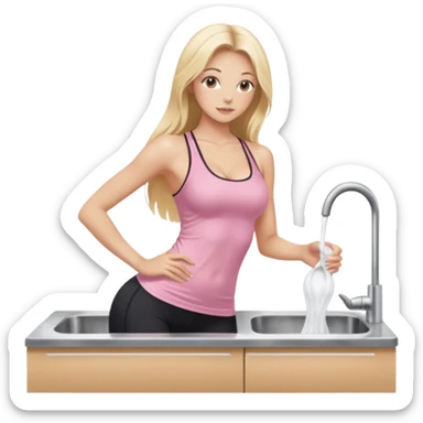 Seductive, thin fair skinned woman, long blond hair, washing dishes, SFW sheer pink tank top, without undergarments showing natural breast shape SFW, black yoga pants, perfect booty sticker