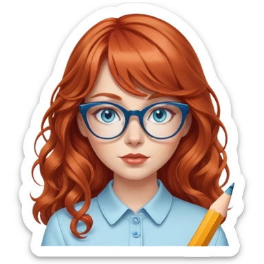 redheaded woman with very long wavy hair and bangs, blue eyes, clear cat-eye glasses, stylish modern outfit, holding a pencil sticker