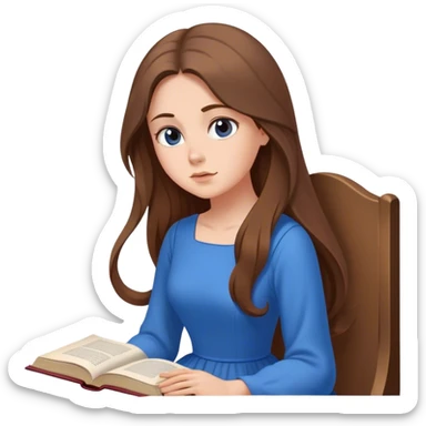Cinematic Elegant Belle Portrait Emoji, Sitting with an open book, eyes dreamy with thought, her iconic blue village dress draped gracefully, exuding intelligence, kindness, and timeless charm! sticker