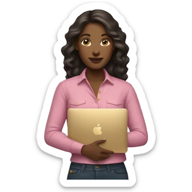 Fair skintone woman wearing a pink shirt holding a gold macbook sticker