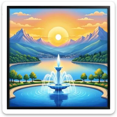 Please generate an image of a sunrise illuminating a lake with a huge fountain like that in the Geneva lake and some mountains in the background. sticker
