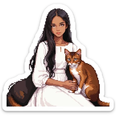 beautiful girl with long black hair in a white dress cuddling an Abyssinian cat with reddish-brown fur sticker