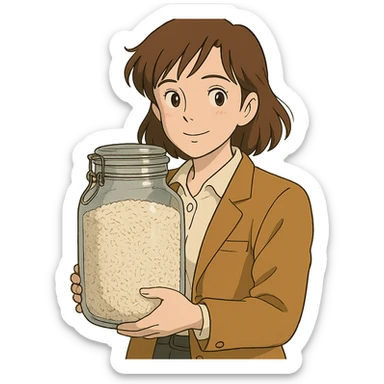 designer woman with brown hair holding a big glass jar of rice in ghibli style sticker