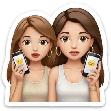 Light skinned girl, long straight and less wavy brown hair center-part with face framing pieces, big hazel eyes, gold hoops, white tank, prominent blush, sassy, big lips, makeup and lip gloss, holding two phone: one talking in one hand and another in another hand sticker