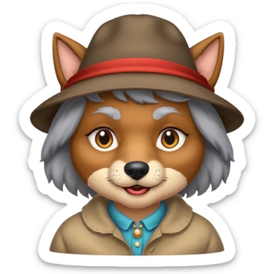 The big bad wolf is wearing Grandma's clothes and a hat, yet its face still looks like a wolf's. sticker